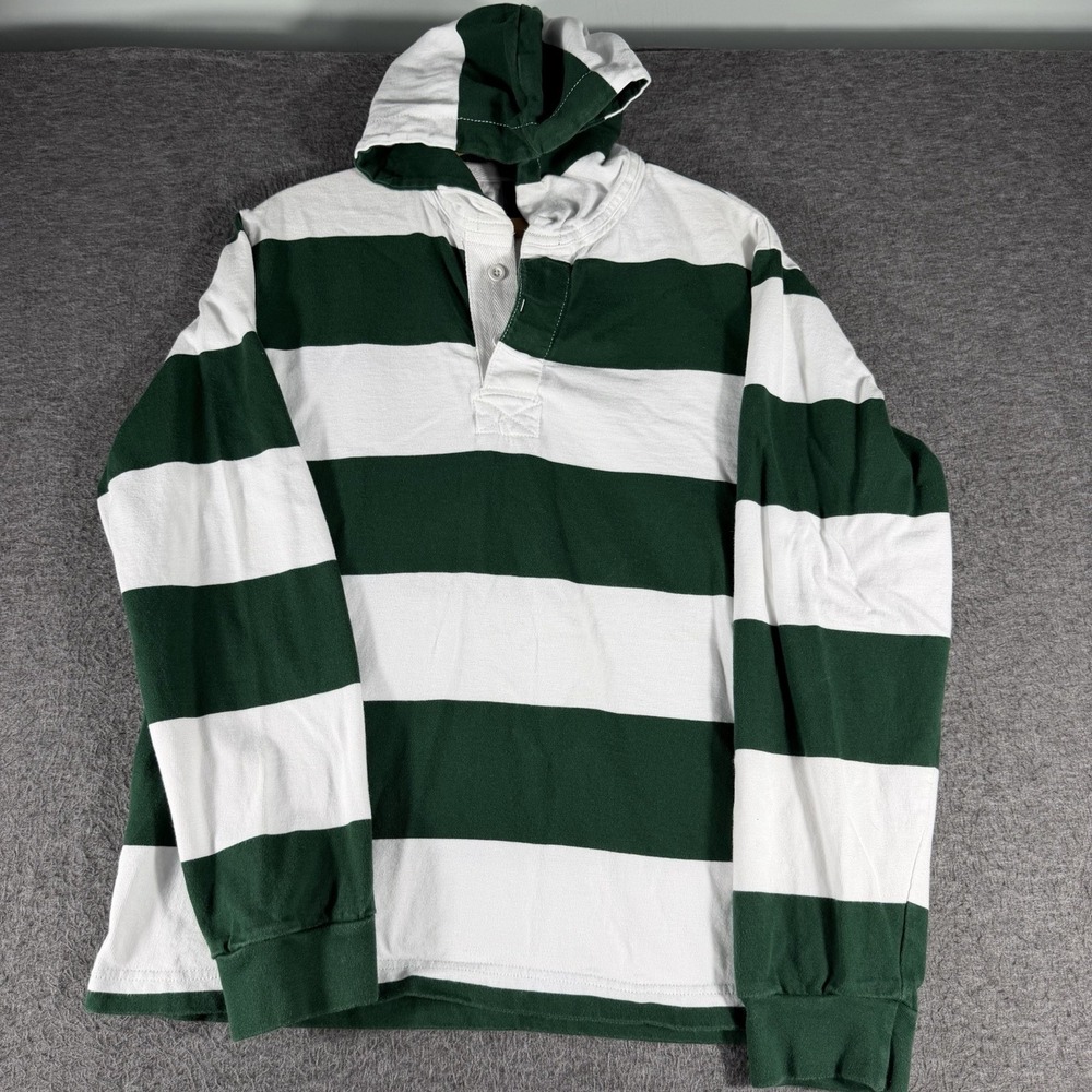 Charles River Rugby Hoodie Hooded Pullover Green White Shirt SZ Mens M USA Made